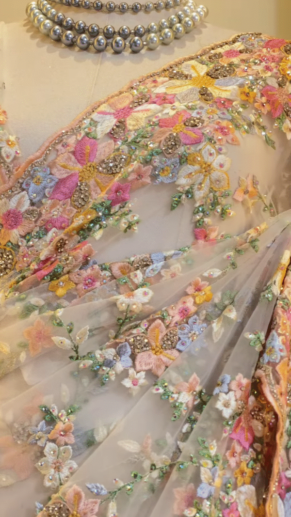 Exquisite Pastel Floral Embroidered Net Saree with Intricate Beadwork - Image 3