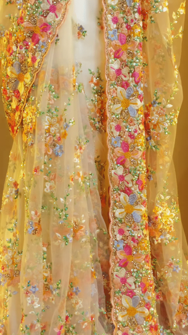 Exquisite Pastel Floral Embroidered Net Saree with Intricate Beadwork - Image 2