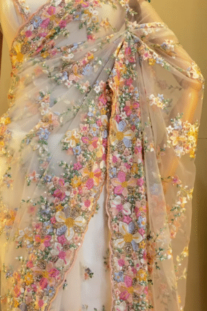 Exquisite Pastel Floral Embroidered Net Saree with Intricate Beadwork