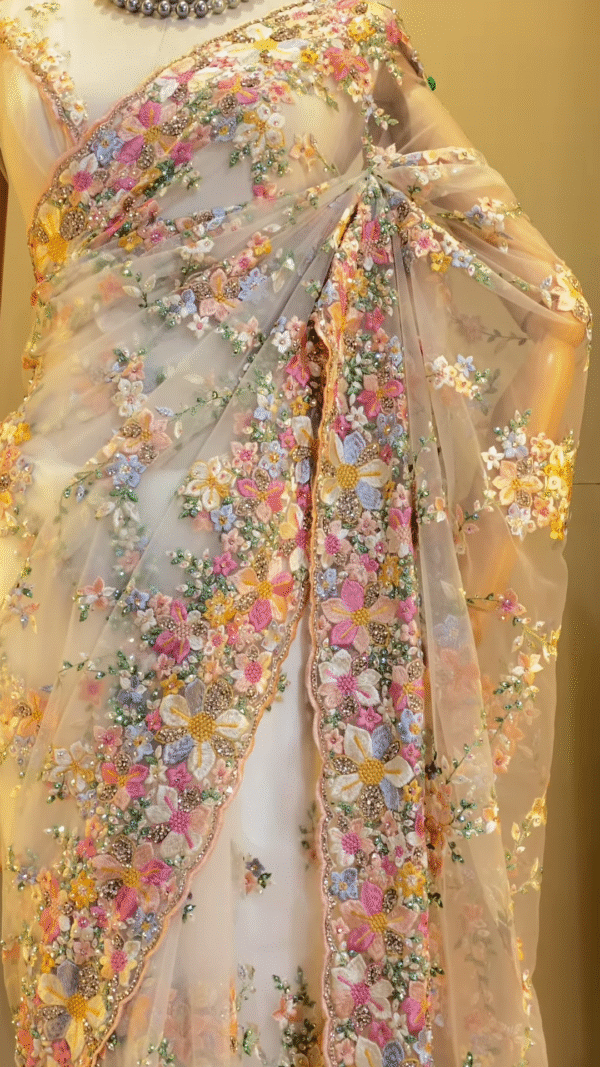 Exquisite Pastel Floral Embroidered Net Saree with Intricate Beadwork