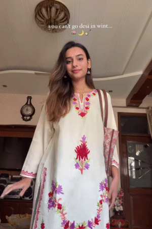 Elegant Off-White Embroidered Winter Kurta
