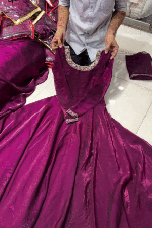 Royal Purple Full-Length Gown with Embroidered Neckline
