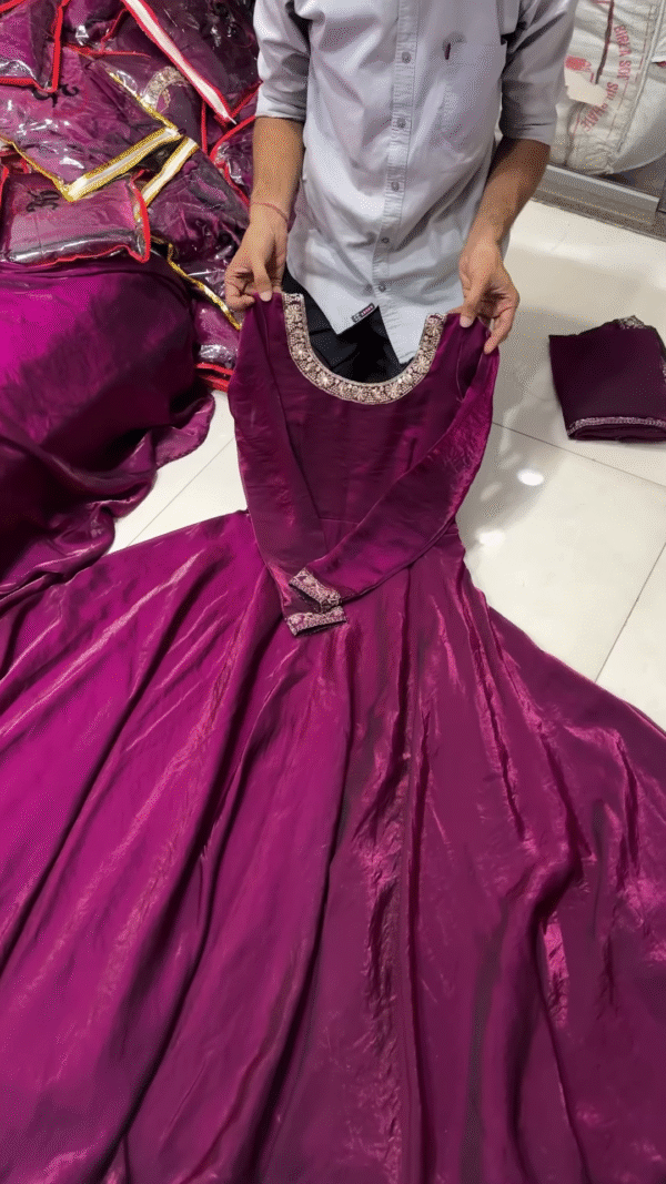 Royal Purple Full-Length Gown with Embroidered Neckline