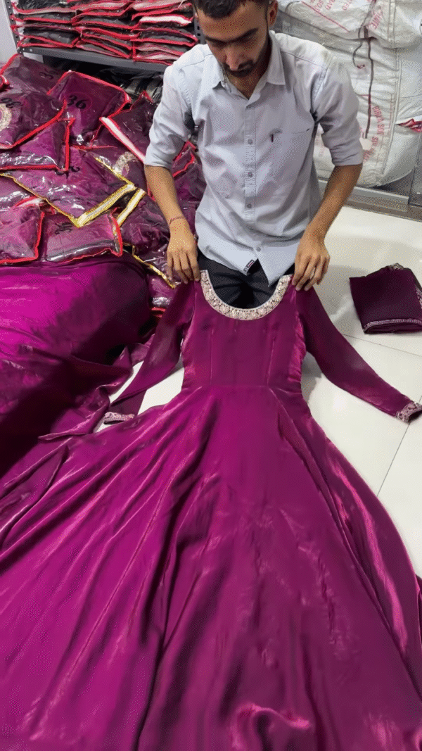 Royal Purple Full-Length Gown with Embroidered Neckline - Image 2