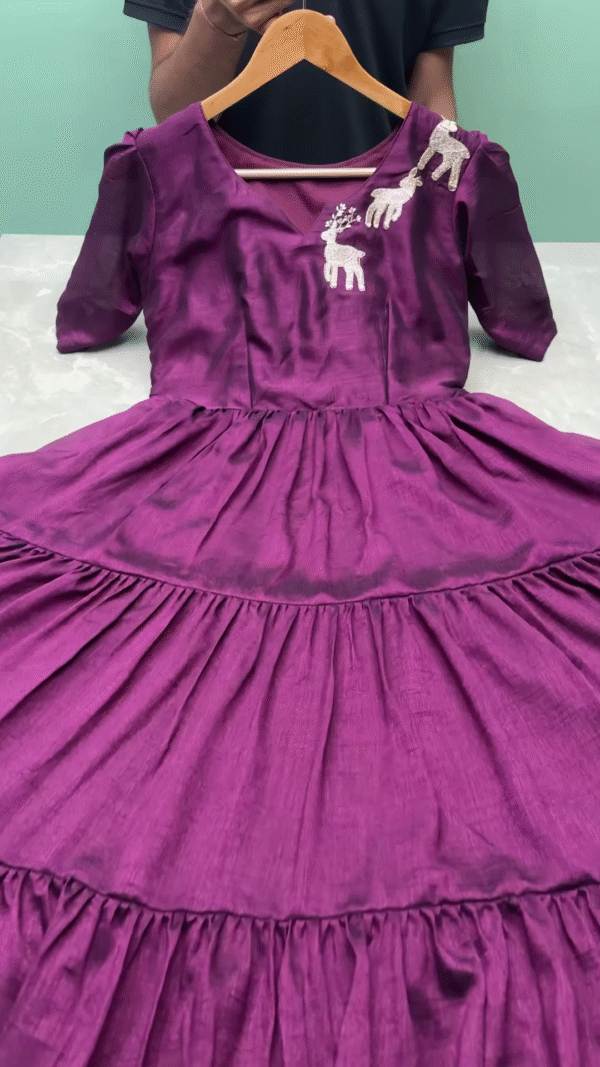 Festive Red Tiered Dress with Embroidered Reindeer Motif - Image 3