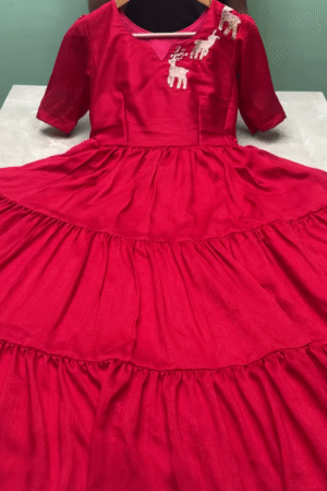 Festive Red Tiered Dress with Embroidered Reindeer Motif
