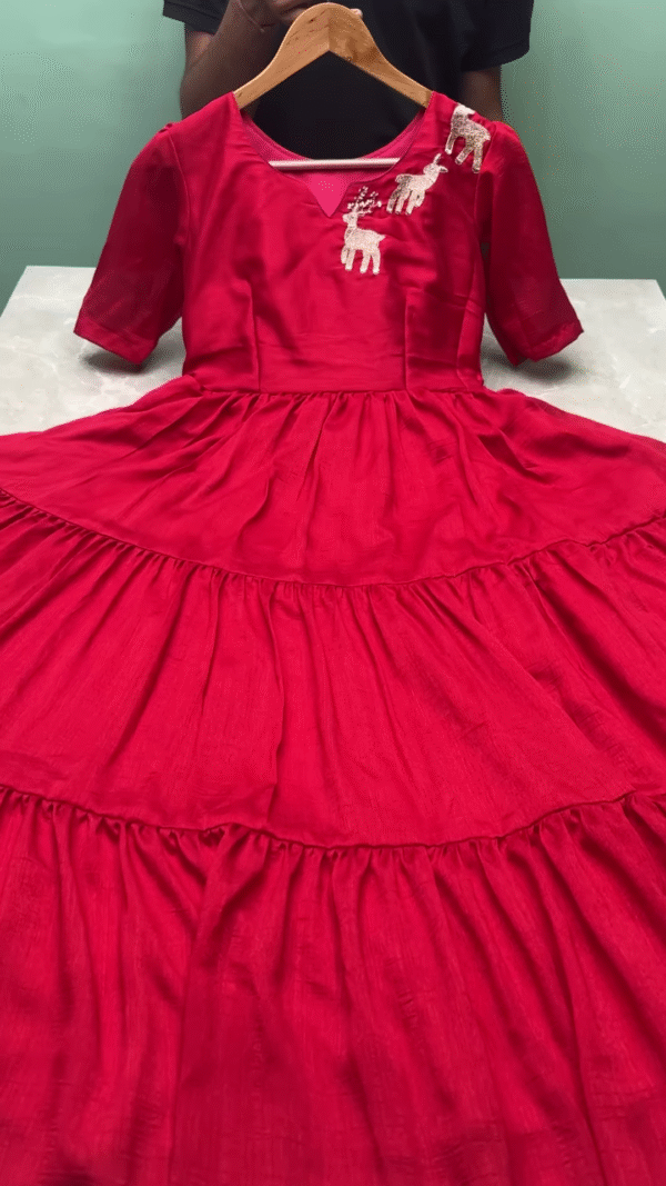 Festive Red Tiered Dress with Embroidered Reindeer Motif