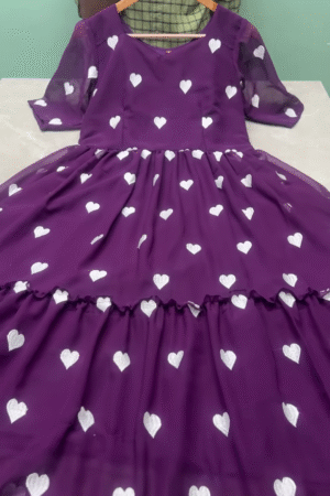 Purple Heart-Printed Flared Dress for Girls