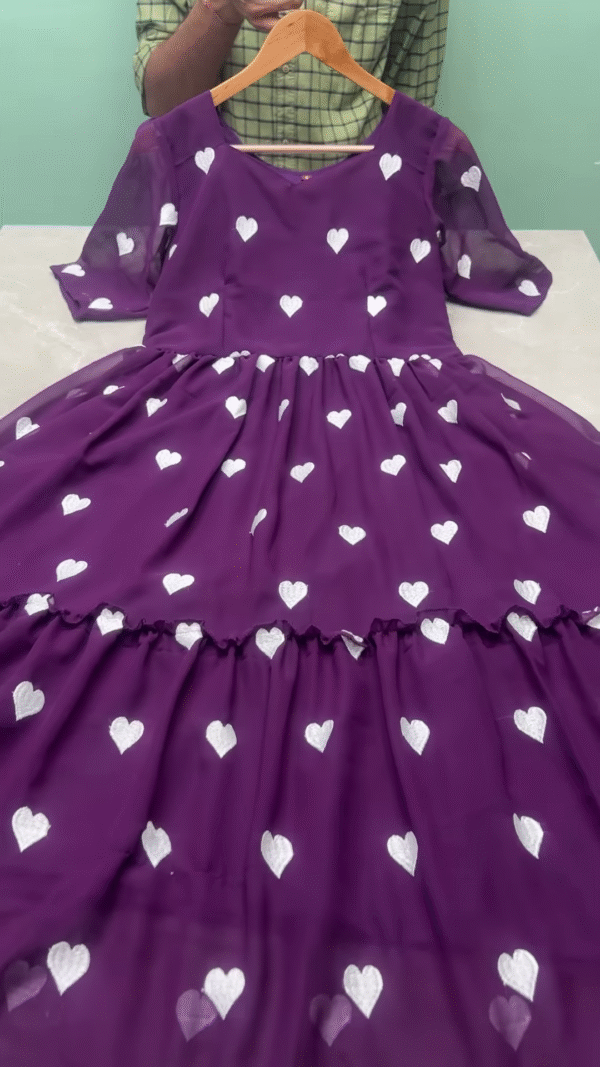Purple Heart-Printed Flared Dress for Girls