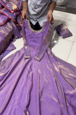 Regal Lavender Shimmer Gown Dress for Girls with Embellished Neckline and Full Sleeves – Partywear & Festive Wear Anarkali Style Outfit in Glazed Soft Silk for Grand Celebrations and Traditional Functions