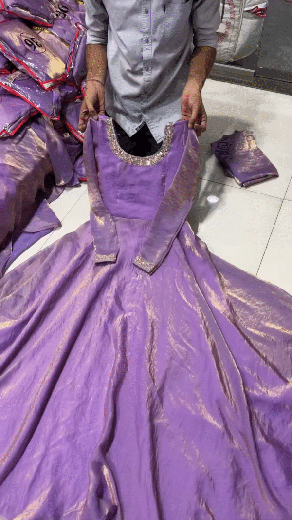 Regal Lavender Shimmer Gown Dress for Girls with Embellished Neckline and Full Sleeves – Partywear & Festive Wear Anarkali Style Outfit in Glazed Soft Silk for Grand Celebrations and Traditional Functions