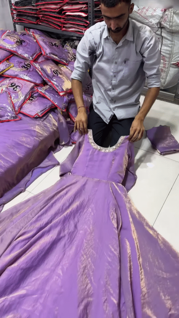 Regal Lavender Shimmer Gown Dress for Girls with Embellished Neckline and Full Sleeves – Partywear & Festive Wear Anarkali Style Outfit in Glazed Soft Silk for Grand Celebrations and Traditional Functions - Image 2