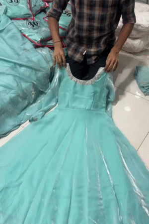 Elegant Aqua Blue Shimmer Gown Dress for Girls with Sequin Embellished Neckline – Full Sleeve Ethnic Partywear in Glazed Silk for Weddings, Festivals & Special Occasions