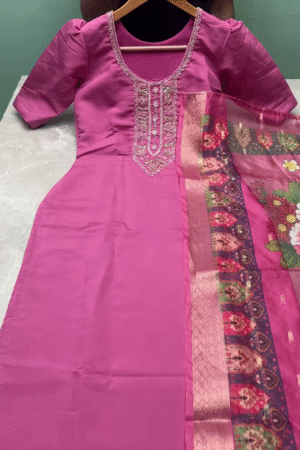 Elegant Pink Silk Embroidered Straight-Cut Kurti Set with Banarasi Floral Dupatta – Festive & Wedding Wear for Women