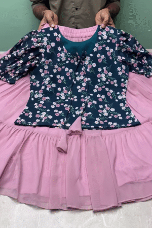 Blush Pink Layered Skirt with Navy Blue Floral Puff Sleeve Crop Top – Elegant Girls' Ethnic Fusion Set