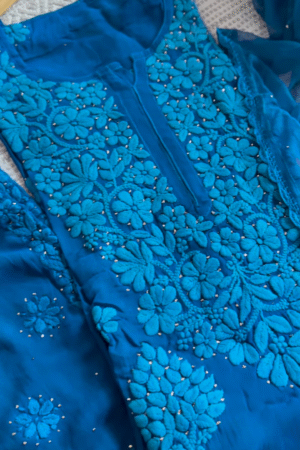 Royal Blue Hand-Embroidered Chikankari Kurta Set with Pearl Accents