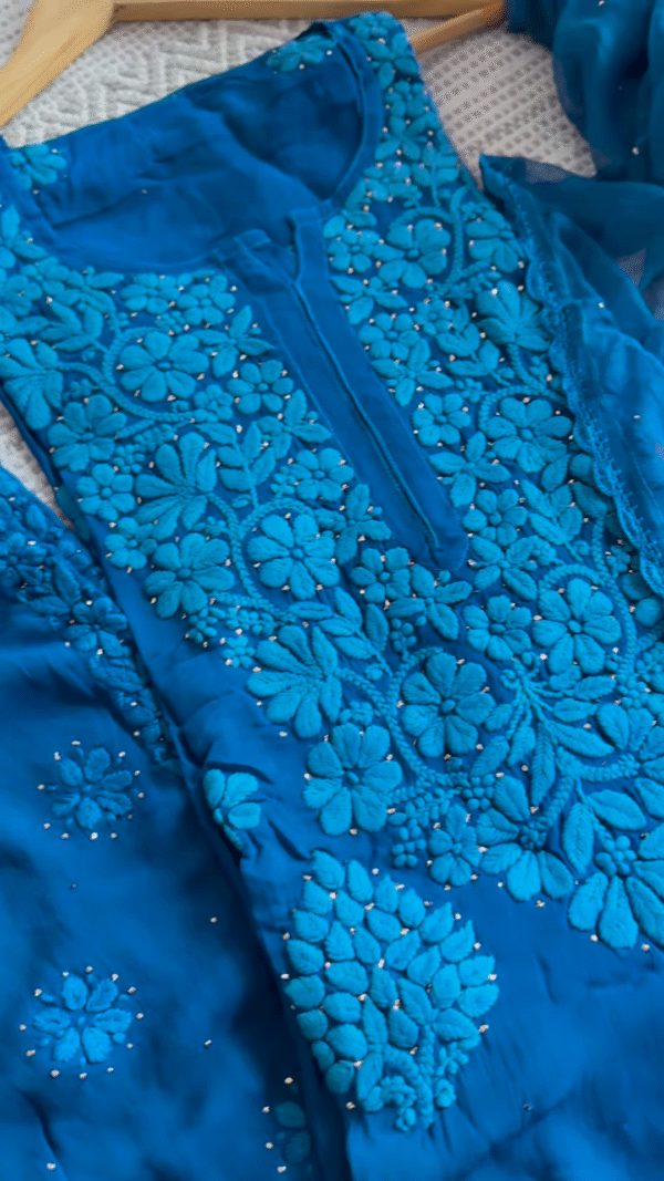 Royal Blue Hand-Embroidered Chikankari Kurta Set with Pearl Accents