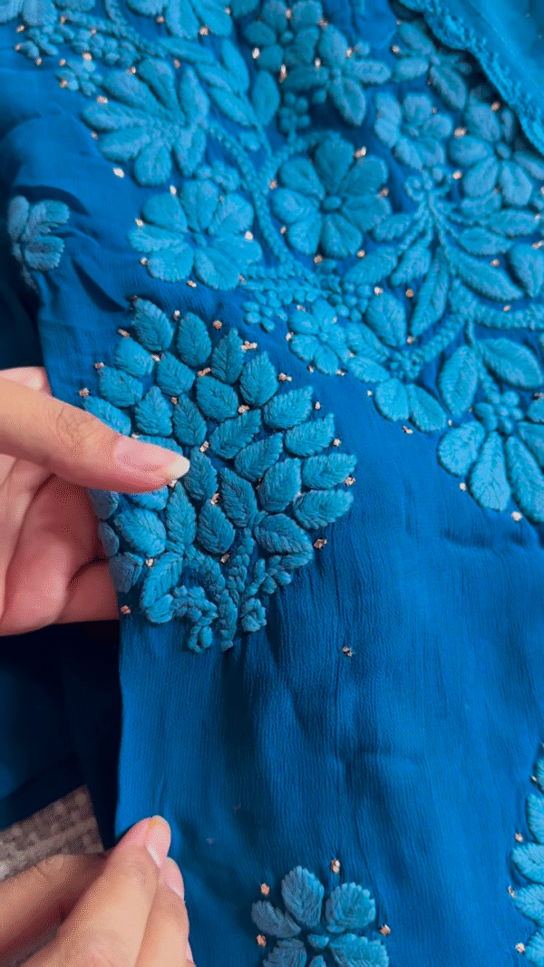 Royal Blue Hand-Embroidered Chikankari Kurta Set with Pearl Accents - Image 3