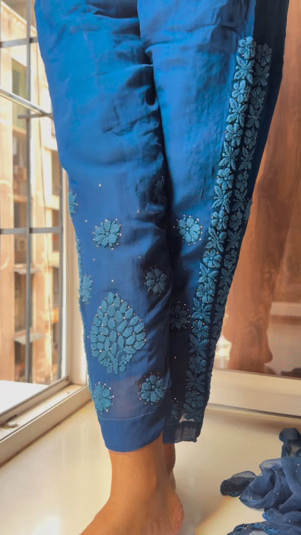 Royal Blue Hand-Embroidered Chikankari Kurta Set with Pearl Accents - Image 2