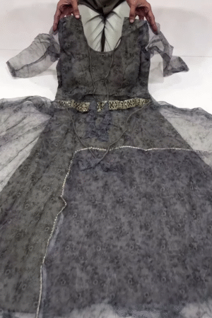 Charcoal Grey Organza Flared Dress with Mirror Embellished Waist Belt