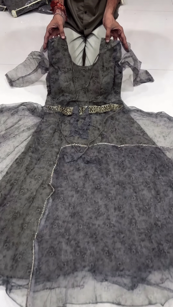 Charcoal Grey Organza Flared Dress with Mirror Embellished Waist Belt