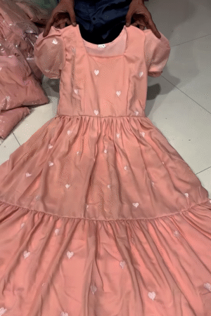Blush Peach Tiered Dress with White Heart Embroidery