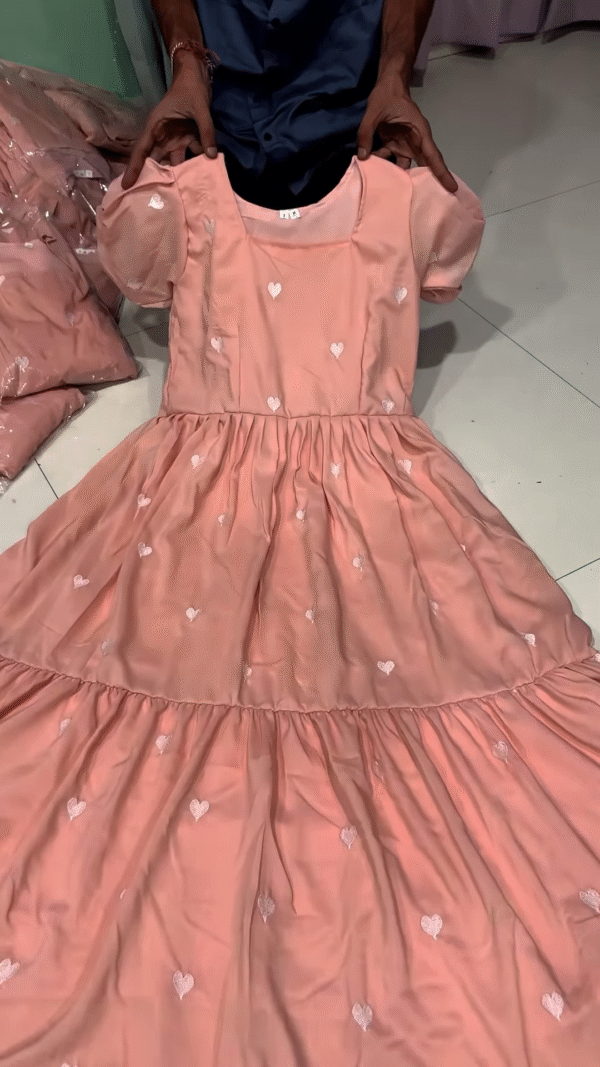 Blush Peach Tiered Dress with White Heart Embroidery