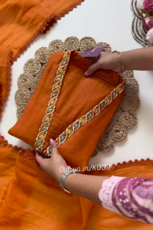 Rust Orange Embroidered V-Neck Kurta with Sleeve & Hem Detailing