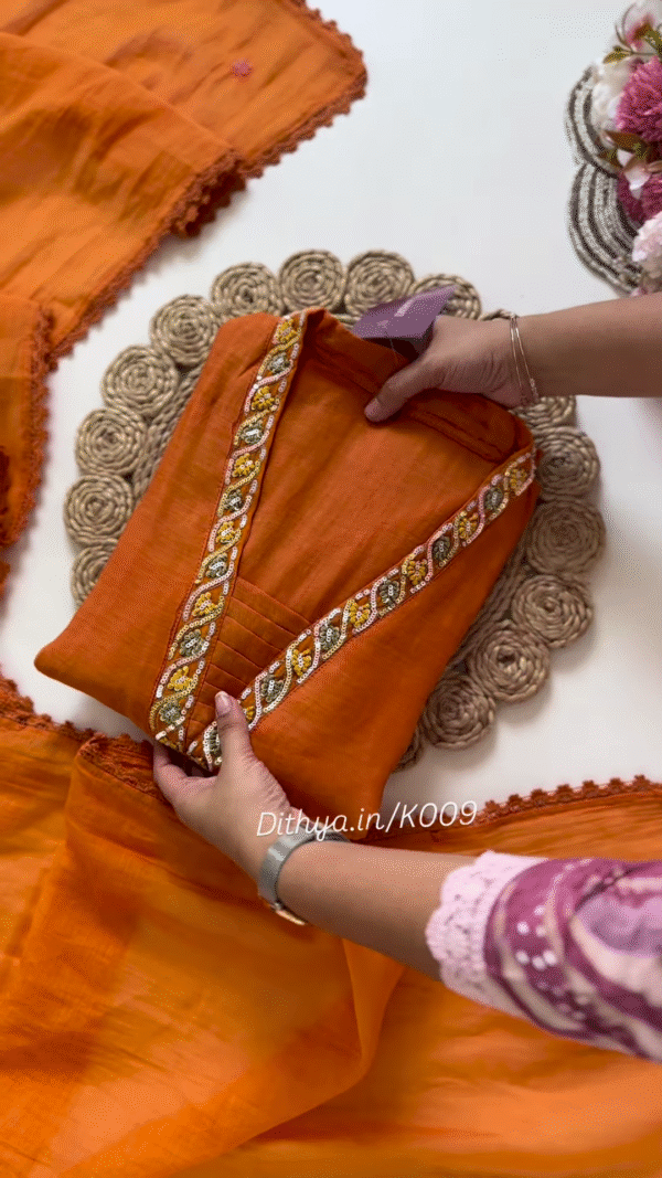Rust Orange Embroidered V-Neck Kurta with Sleeve & Hem Detailing