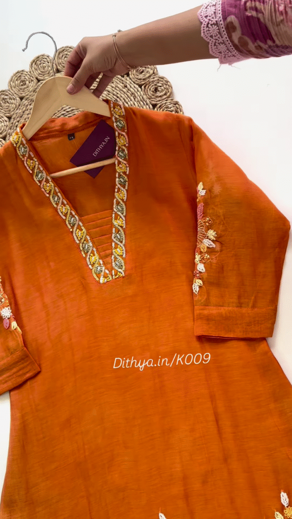 Rust Orange Embroidered V-Neck Kurta with Sleeve & Hem Detailing - Image 2