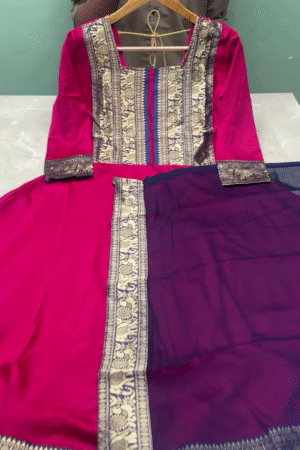 Magenta Anarkali Suit with Antique Gold Zari Panel & Navy Dupatta