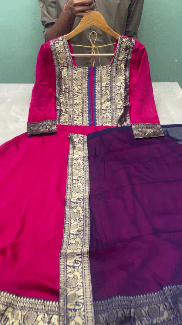 Magenta Anarkali Suit with Antique Gold Zari Panel & Navy Dupatta