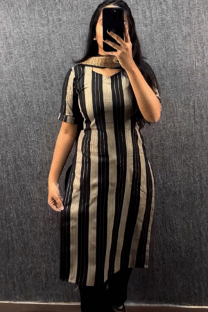 Black & Beige Vertical Striped Kurta Set with Dupatta