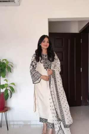 Timeless Black & White Embroidered Cotton Kurta Set with Dupatta