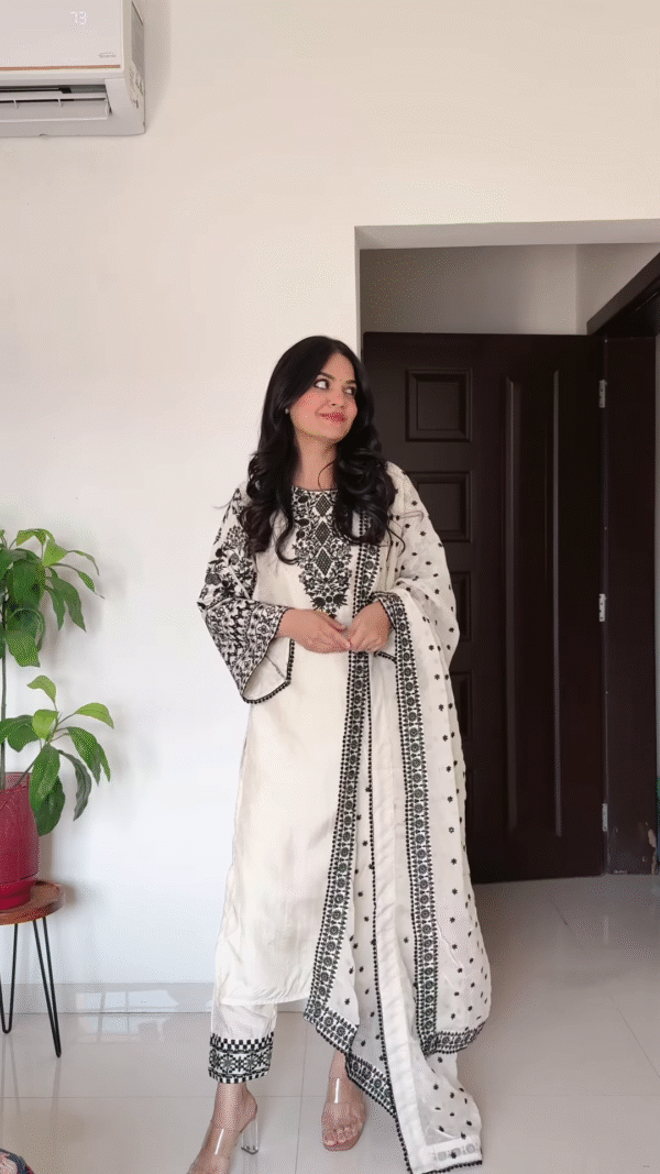 Timeless Black & White Embroidered Cotton Kurta Set with Dupatta - Image 2
