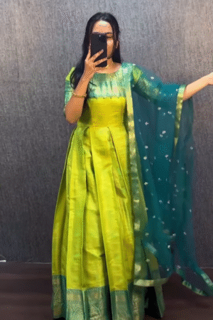 Lime Green Banarasi Silk Anarkali with Teal Net Dupatta