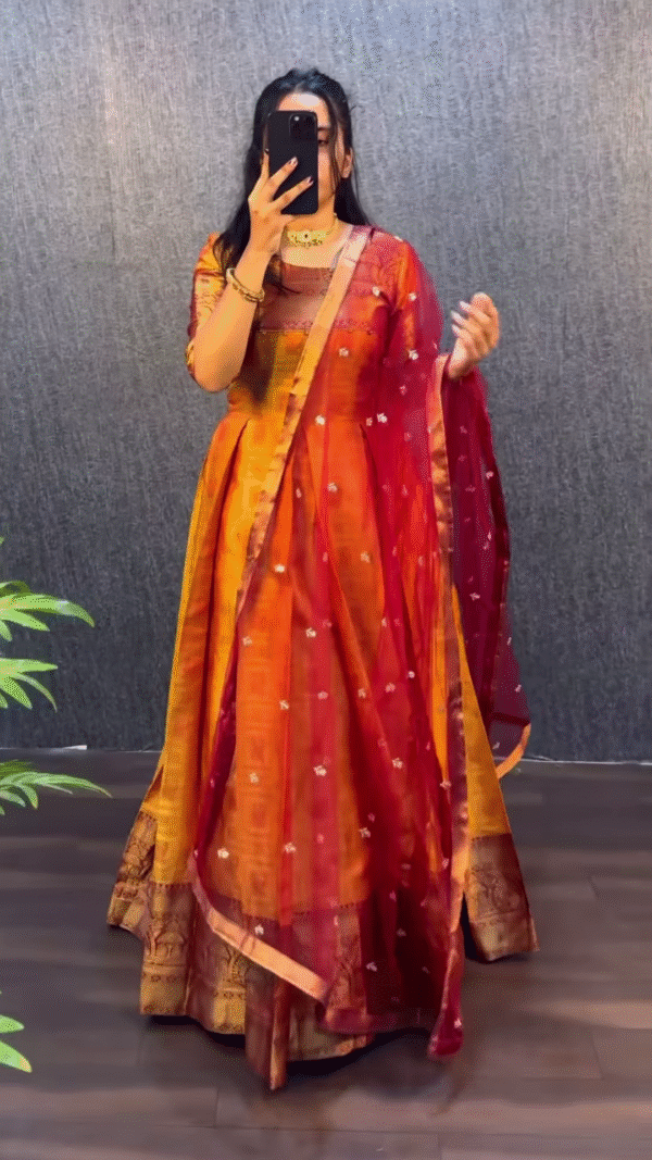 Lime Green Banarasi Silk Anarkali with Teal Net Dupatta - Image 2