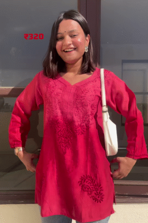 Cherry Red Cotton Embroidered Short Kurti for Women