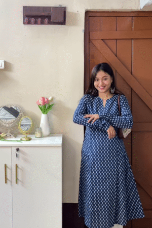 Indigo Blue Handblock Print Anarkali Kurta with Front Placket Detail