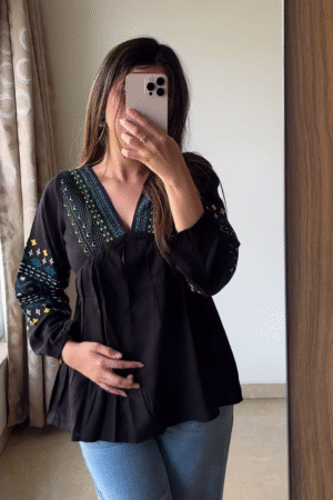 Boho Black Peplum Top with Colorful Geometric Embroidery