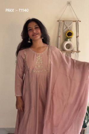 Elegant Rose Pink Anarkali Kurta Set with Thread Embroidery and Dupatta