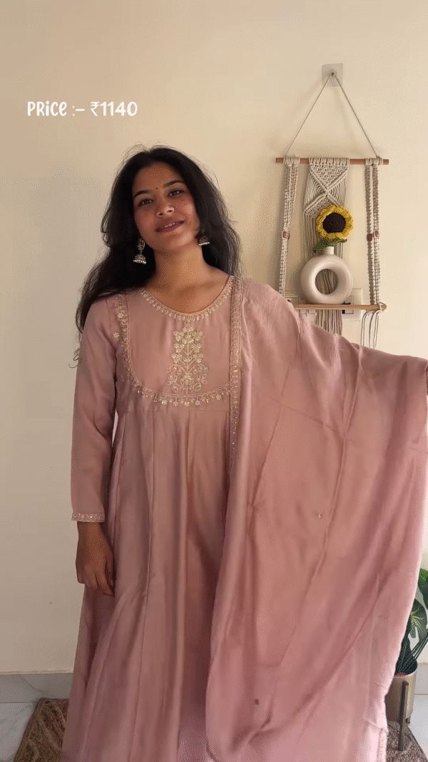 Elegant Rose Pink Anarkali Kurta Set with Thread Embroidery and Dupatta
