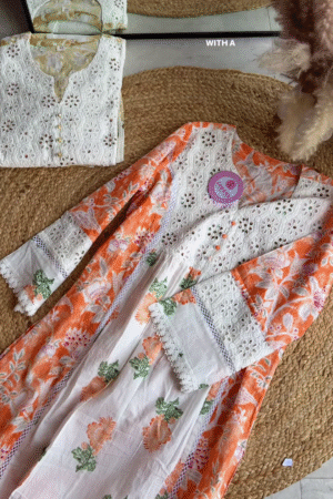 Floral Fusion White & Orange Kurta Set with Lace and Mirror Embellishments