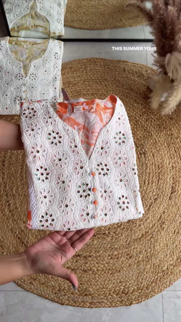Floral Fusion White & Orange Kurta Set with Lace and Mirror Embellishments - Image 3
