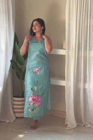 Mystic Turquoise Chiffon Kurta with Golden Accent Embroidery