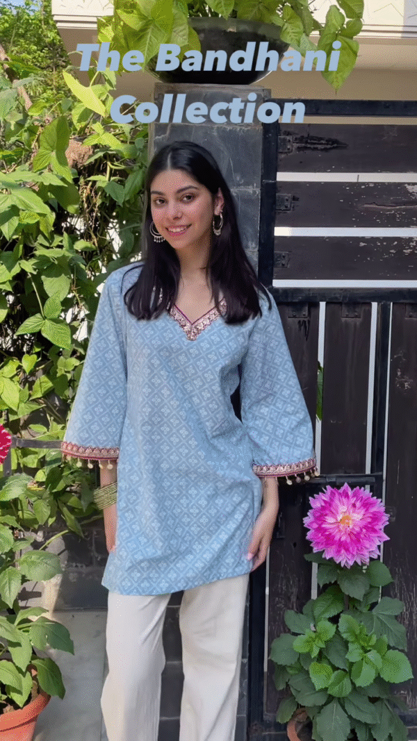 Sunshine Yellow Bandhani Kurti with Mirror Work Detailing - Image 2