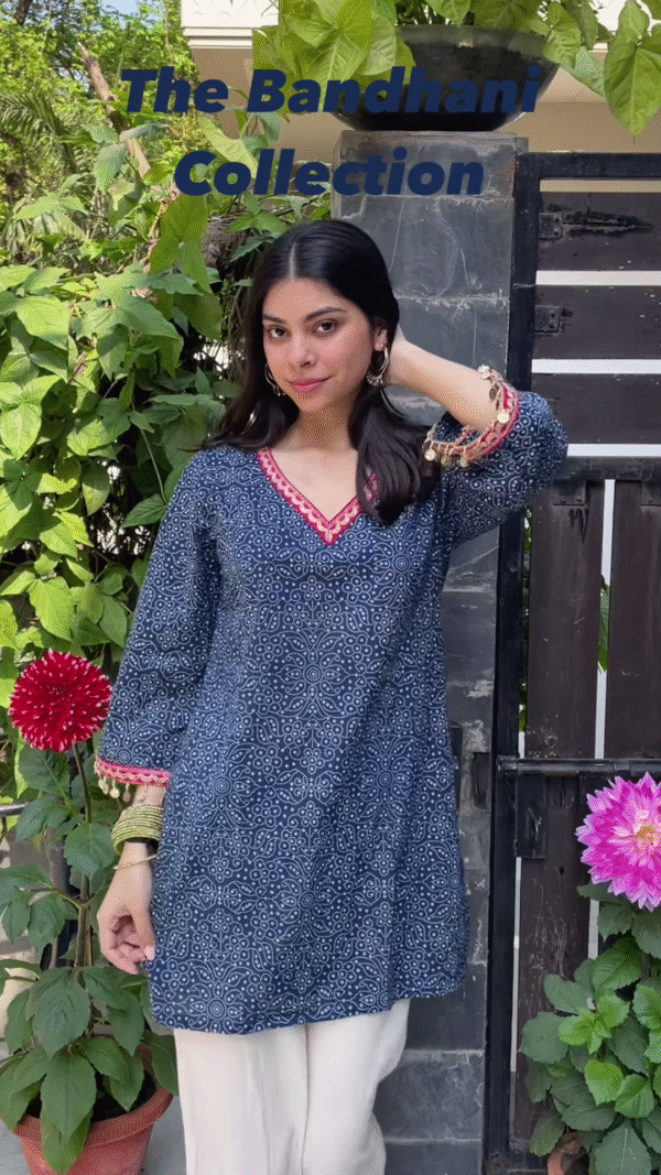 Sunshine Yellow Bandhani Kurti with Mirror Work Detailing - Image 3