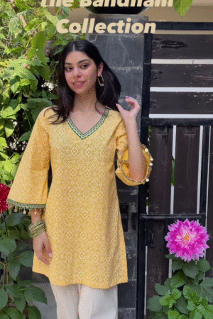 Sunshine Yellow Bandhani Kurti with Mirror Work Detailing