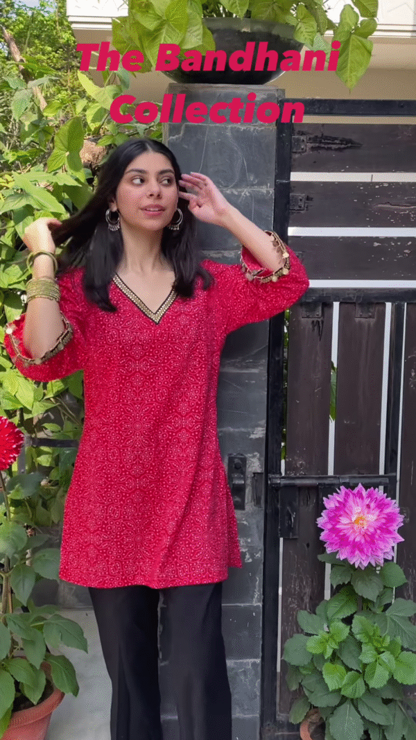 Sunshine Yellow Bandhani Kurti with Mirror Work Detailing - Image 5