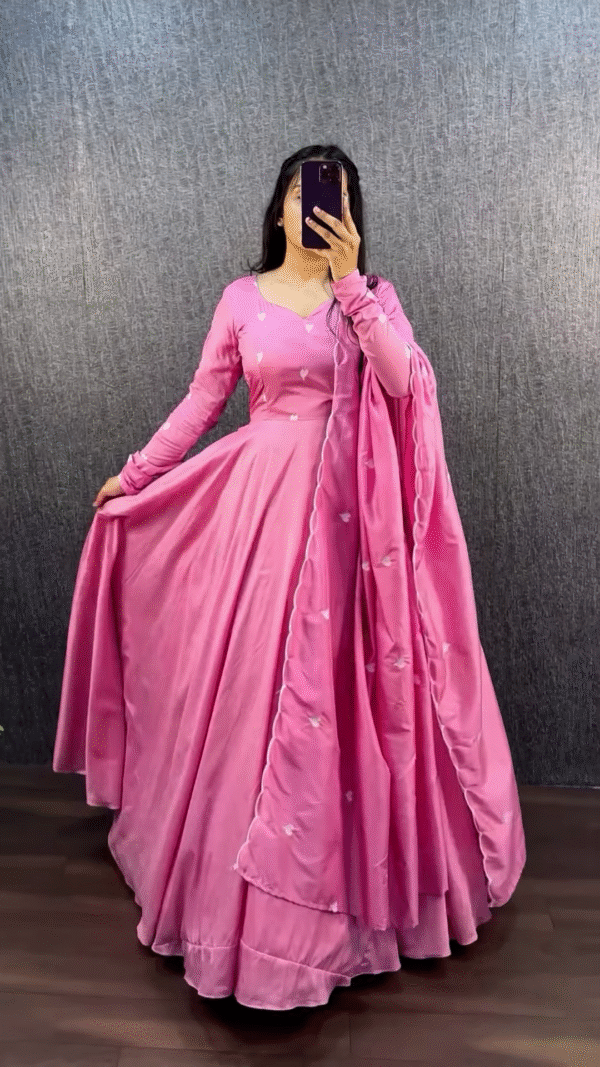 Royal Purple Anarkali Gown with White Heart Motif Embroidery and Dupatta Set